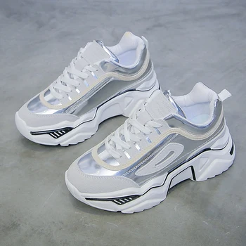 Kvinders mode sneakers sølv reflekterende stribe dekoration platform casual sko runde hoved snørebånd foråret enkelt sko U27-05