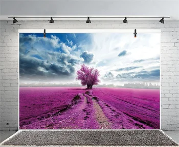 Laeacco Lavendel Felt Træ Skyer Himlen Natur Fotografisk Baggrund Skræddersyet Fotografering Baggrunde Til Foto-Studio