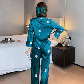 Langærmet Pyjamas Kvinder 2020 Efteråret Nye 2STK Sove sluppet Løs Casual Dame Hjem Tøj Trykt Blomst Revers Shirt&Bukser Kulør