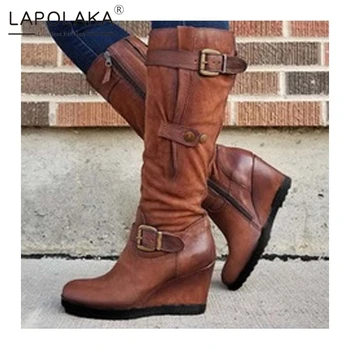 Lapolaka 2021 Nye Mode Western Støvler Kvinder Sko Høj Kv Helt Nye Vintage Bælte Spænde Kiler Trendy Boot Damer