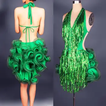 Latin dance dress grønne professionelle kostume til kvinder frynser samba kostume farverige dame ballroom konkurrence kjoler kvaster