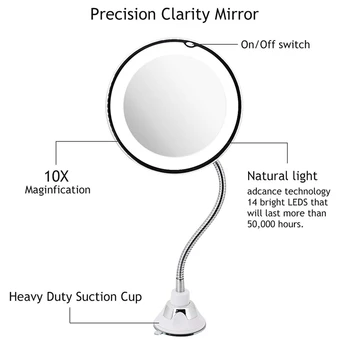Led-10X nifying Makeup Spejl Tændte Badeværelse Forfængelighed Rundt Spejl med 360 Graders Drejelig Rotation, Fleksibel