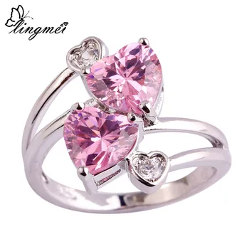 Lingmei Dobbelt Hjerte Temmelig Romantisk PinkWhite Gul Cubic Zircon Ring Størrelse 6-9 10 Kvinder Smykker Engros Fest
