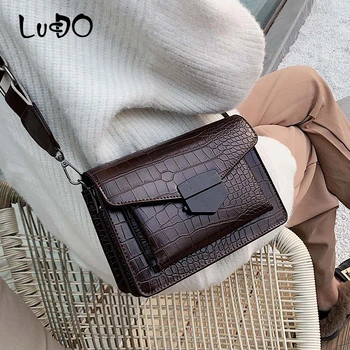 LUCDO Luksus Håndtasker PU Læder skuldertaske 2020 Mode Bred skulderrem Crossbody Tasker Til Kvinder Messenger Messenger Taske