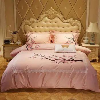 Luksus Egyptiske bomuld Sengetøj Sæt Pink Blå Grå King-værelse med Queensize-seng Lagen, Sengelinned Oriental Broderi Duver Quilt Dækning