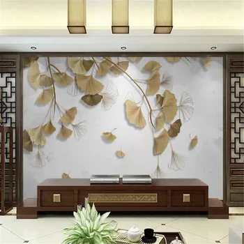Milofi tilpasset 3D-print tapet vægmaleri mode simple gyldne linje ginkgo blade baggrund væggen dekorative maleri