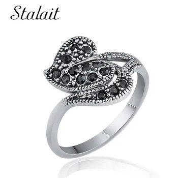 Mode Hjertet Hule Legering Ring Boho Mosaik Sort Krystal Sølv Farve Ring For Kvinder Bryllup Smykker Bague Femme