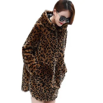 Mode leopard hætteklædte afslappet varm Korea kvinder jakke plus størrelse 5XL Efterår og vinter nye pels kvindelige medium lange Overfrakker G929