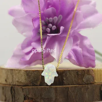MOQ=1 stk Gratis fragt 8*10mm syntetiske opal hamsa halskæde 6 farver hånden form vedhæng i 925 sølv halskæde guld kæde smykker