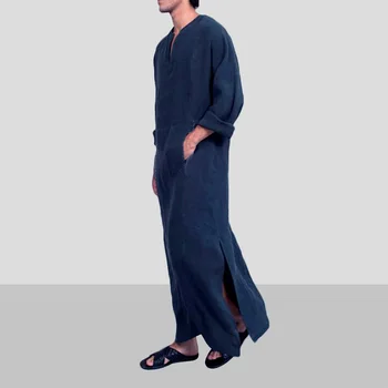 Mænd Etniske ensfarvet langærmet V-Neck Side Slids T-shirt Lomme Maxi Kjole Kjole Vintage Streetwear Muslimske Top Casual Fashion