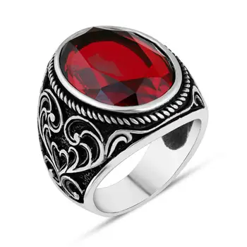 Mænd Sølv Ring Med Røde Zircon Sten og Hjerte Motiv Lavet I Tyrkiet Massiv 925 Sterling Sølv