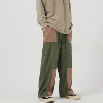 Mænd Vintage Splejse Casual Løs Lige Cargo Bukser Streetwear Hiphop Elastisk Talje Lange Brede Ben Bukser Japan Oversize Mandlige