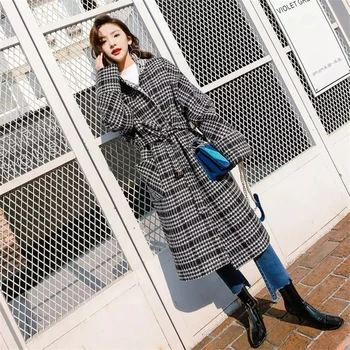 Nye 2020 Vinteren og Efteråret koreanske Kvinder Uldne Pels Lange Løs Hepburn Populære Plaid af Uld Frakke