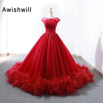 Nye Ankomst Rød Kjole til Aften i Domstol Tog Lace-up Beaded Pynt Tyl Cap Ærmet, Bolden Kjole arabisk Dubai Prom Kjole Lang