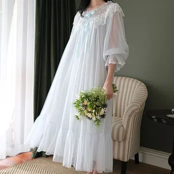 Nye Forår Prinsesse Lace Wedding Morgen Kåbe fransk Domstol Stil Hjem Pyjamas Fe Kvinders Natkjole Søde Nattøj Nat Kjole