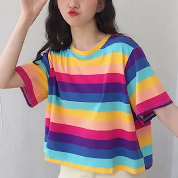 Nye rainbow stribet kortærmet t-shirt kvindelige mode løs koreanske ins street hip-hop vilde høj talje sommeren rund hals top