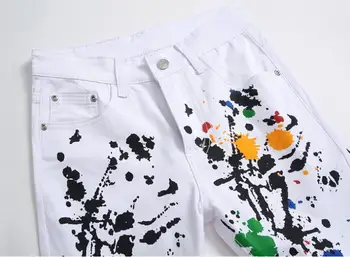 Nyt Mærke Mode Strække Herre Jeans hvid Olie maleri Tynde Bukser til Mænd Casual Bomuld Denim Graffiti Trykt Bukser