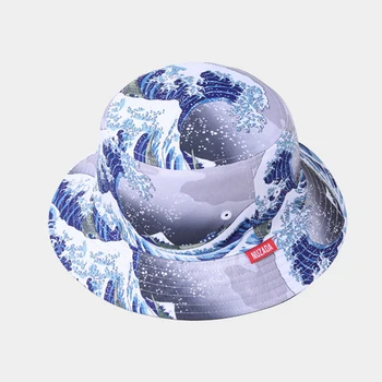 Offentlig Bomuld Bucket Hat Japansk Stil Caps Bølge Mønster Mandlige Udendørs Sammenklappelig Hipster Caps Broderi Logo