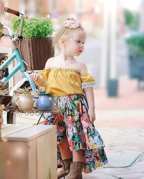 OKLADY 2019 Sommeren Kid Piger Dress Tøj Sæt Gule Shoulderless Blonder Blomstret Nederdel Fashion Kids Tøj Piger kjoler til Efteråret