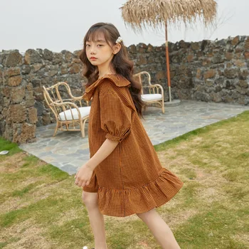 Piger Sommer Tøj 2020 Ny Teenager Piger Bomuld Plaid Kjole Koreansk Stil Sød Pjusket Casual Kjoler Korte Retro, #8837