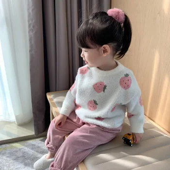 Piger Sweater 2020 Efteråret og Vinteren Tyk Mink Velvet Pullover til Baby Pige Jordbær Print Sweater koreansk Stil Strikket Toppe