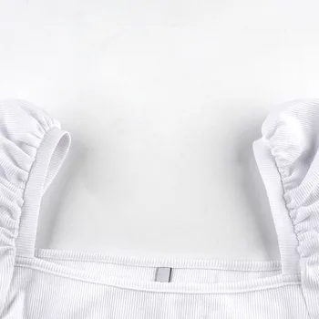 Puff Ærmer Kvindelige T-Shirt Nye Franske Firkantet Krave Kvinder Solid Crop Tops Mode Strikket Tshirt Ropa Mujer Korte T-Shirts T-Shirts