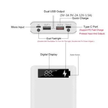 QC3.0 LCD-Display DIY 10x18650 på batterier og Power Bank Shell Quick Charge Box