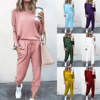 SLPBELY Kvinder Pure Color Pyjamas Homesuit Loungewear Foråret Enkel langærmet Homewear Nattøj To Stykke Afslappet Hjem Klud