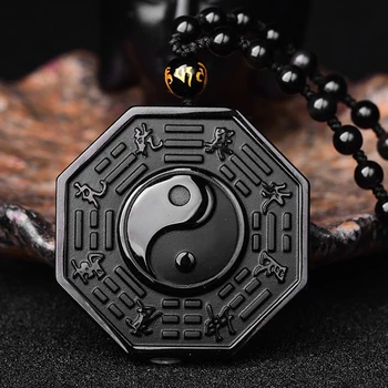 Sort Obsidian Halskæde Kinesiske Ying Yang Otte Diagrammer Amulet Vedhæng Smykker