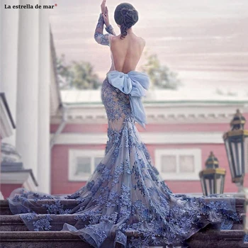 Støvet blå kjole til aften i new lace applique lange ærmer Backless havfrue prom kjole Tog abendkleid brugerdefinerede abendkleider lang