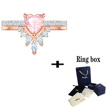 SWA 2019 Ny Ring Sæt Lys Pink hjerteformet Krystal V-formet Damer Ornamenter Give Din Kæreste en Stilfuld Fødselsdag Gave