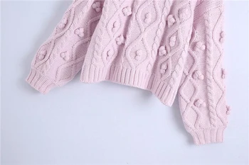 Søde Kvinder Bolden Dekoration Sweater 2020 Fashion Damer Pink Applique Strikket Toppe Streetwear Kvindelige Elegante Rullekrave Pullover