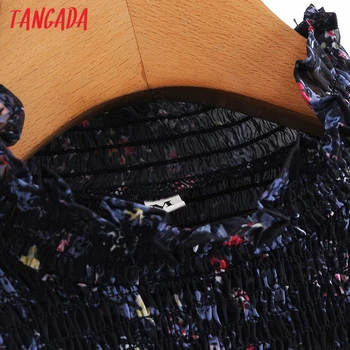 Tangada Kvinder Retro Blå Blomster Print Chiffon Skjorte Bluse med Flæser Lange Ærmer Smarte Overdele 3A54