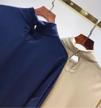Top Kvalitet Silke Bluse Shirt 2020 Efteråret Nationale Silke Kvinder Står Hals String Deco-Lange Ærmer Mørke Blå Abrikos Løse Toppe