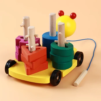 Træ-Trække Blokke Legetøj Baby And Køretøj Blokke Af Kolonne Blokke Monterssori Lærerigt For Børn