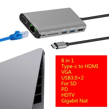 Type-C Multi-funktion Dock Station med USB3.0x2/SDx1-Kort+HDMI-kompatibel-kompatibel/VGA+JACK 3,5+RJ45+Type-k(PD) - port