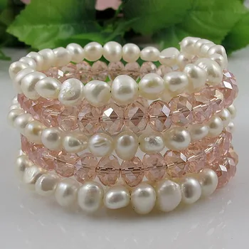 Unikke Perler, smykker Butik 5rows 6x8mm Pink Krystal Hvid Ferskvands Perle Armbånd Perfekt Bryllup Fødselsdag Kvinder Gave
