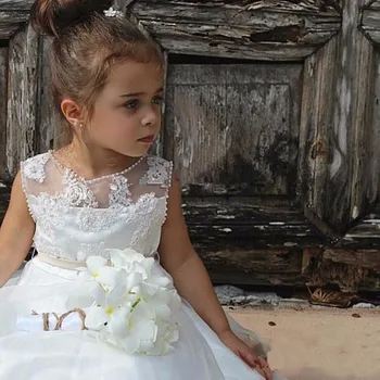 Vestidos de comunion En linje Organza Applicerede Hvid Blomst Pige Kjoler 2021 Childs Til Bryllupper Første Altergang Festspil Kjoler