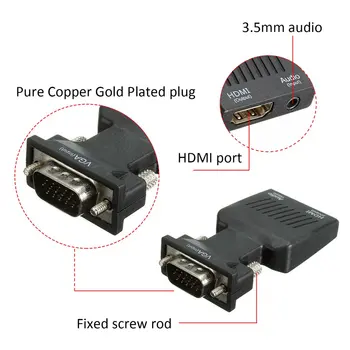 VGA til HDMI Adapter med Lyd Mandlige VGA-til-Kvinder HDMI Konverter Bærbar til TV for PC HDMI Kabler Polybag Ikke-skærmet ONLENY