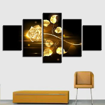 Wall Art Modulære Plakat HD Trykt Lærred 5 Panel Gyldne Blomster stuen Billeder Hjem Dekoration Moderne Maleri Frame