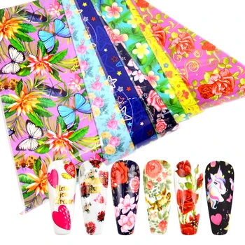 YWK 10stk Steg blomsterdekorationer til Negle Mix Farverige Overførsel Nail Foil Mærkat Valentine ' s Day-Serien Selvklæbende Papir