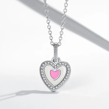 Ægte 925 Sterling Sølv med Pink Emalje Hjerte Dingle Charms Hjerte Vedhæng for Kvindelige Kæreste Personlige Smykker