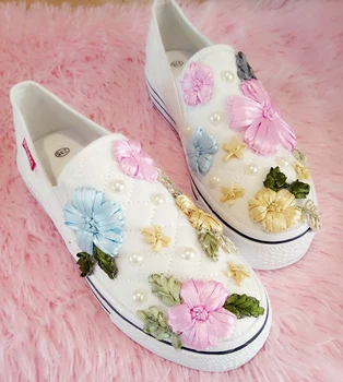 】Oprindelige koreanske nye broderi, blomst, perle sød en pedal dovne enkelt sko low cut lærred sko kvindelige studerende casual sko